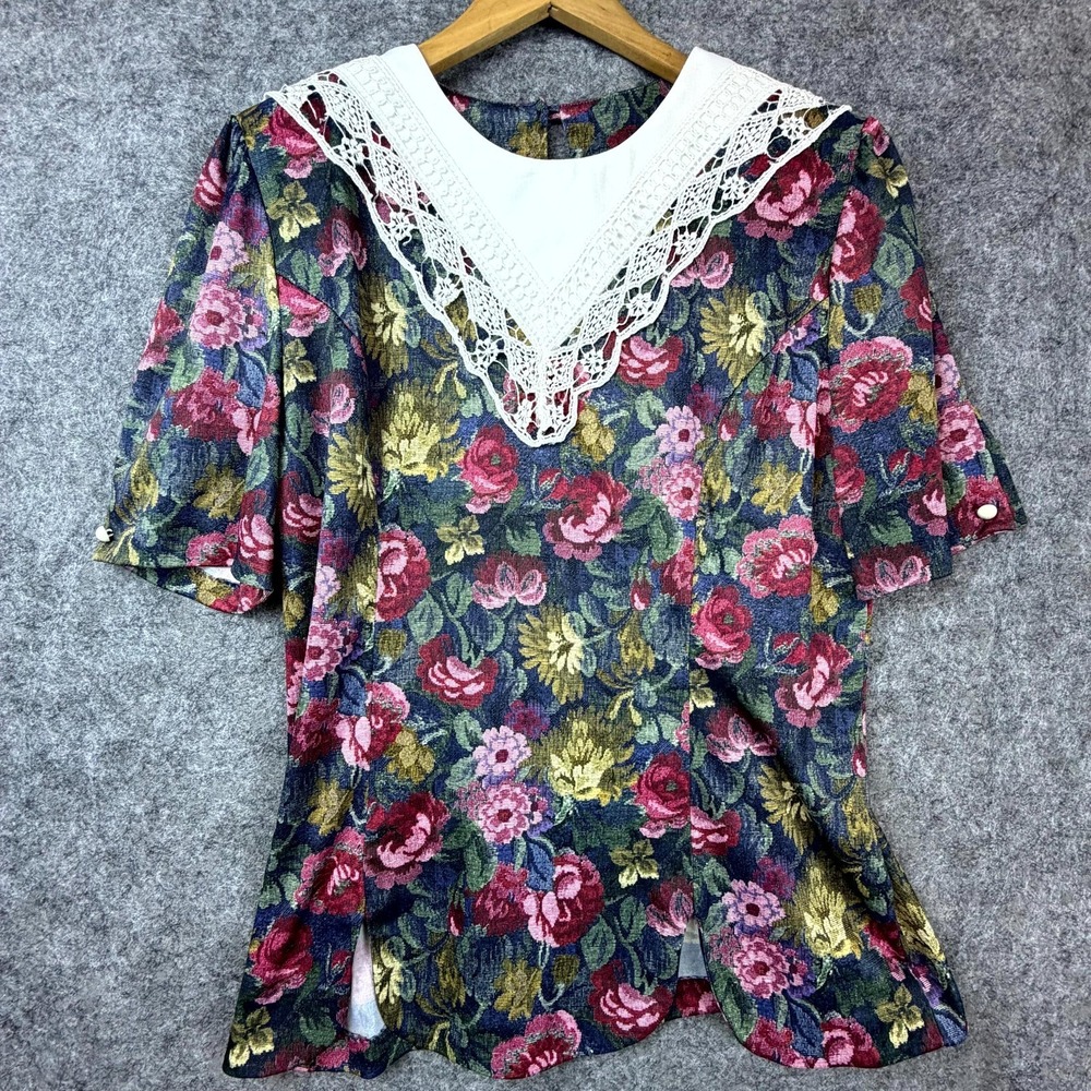 Vintage Whirlaway Frocks Blouse Womens Dark Romantic Floral Grandma Lacey Collar